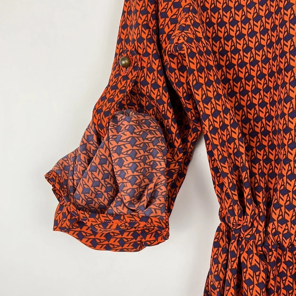 MAISON JULES button down shirt dress roll tab collared orange and navy M - Picture 5 of 13